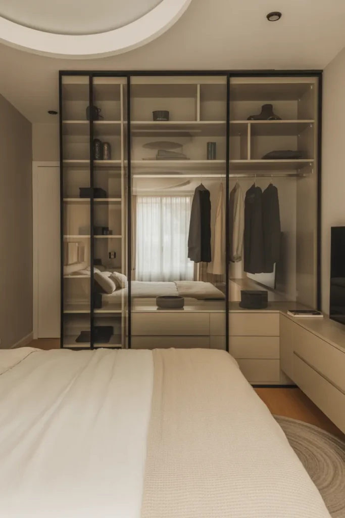 dressing room behind bed