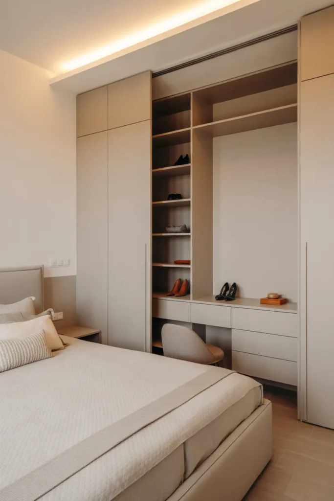 dressing room behind bed