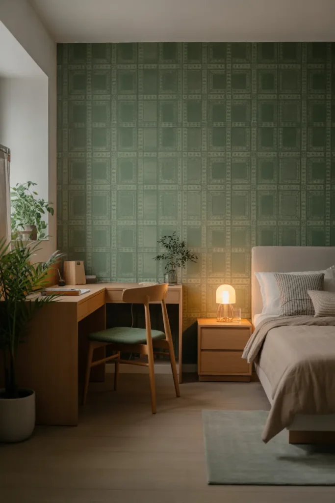 green wallpaper bedroom