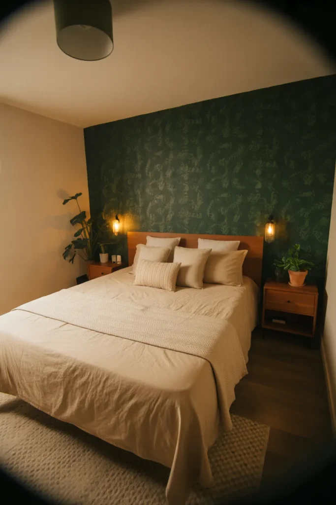 green wallpaper bedroom