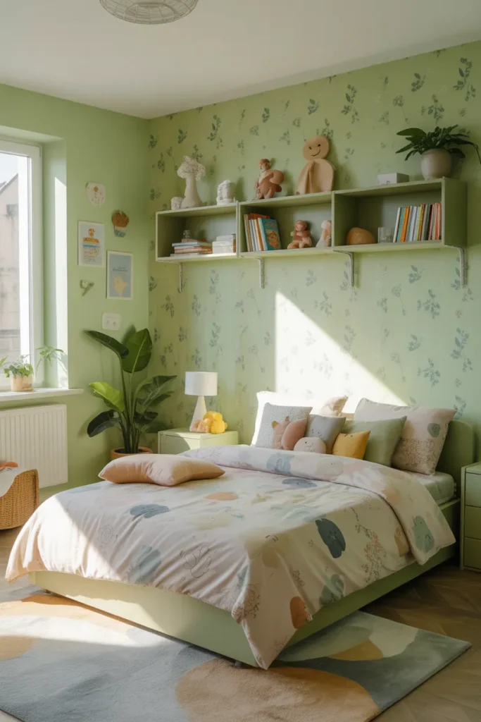 green wallpaper bedroom