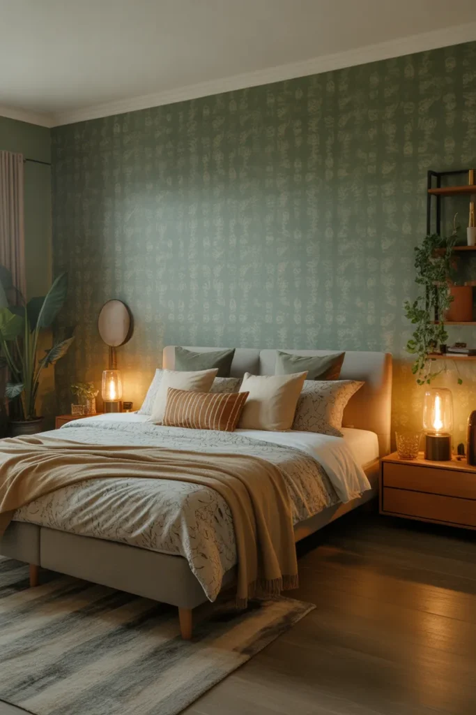 green wallpaper bedroom