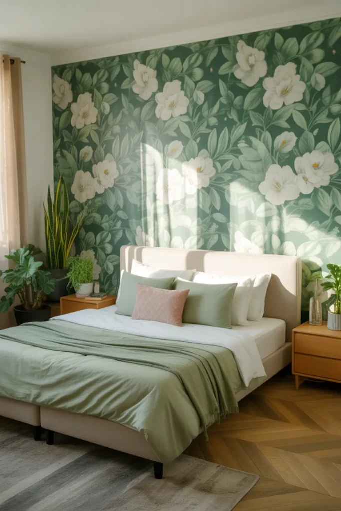 green wallpaper bedroom