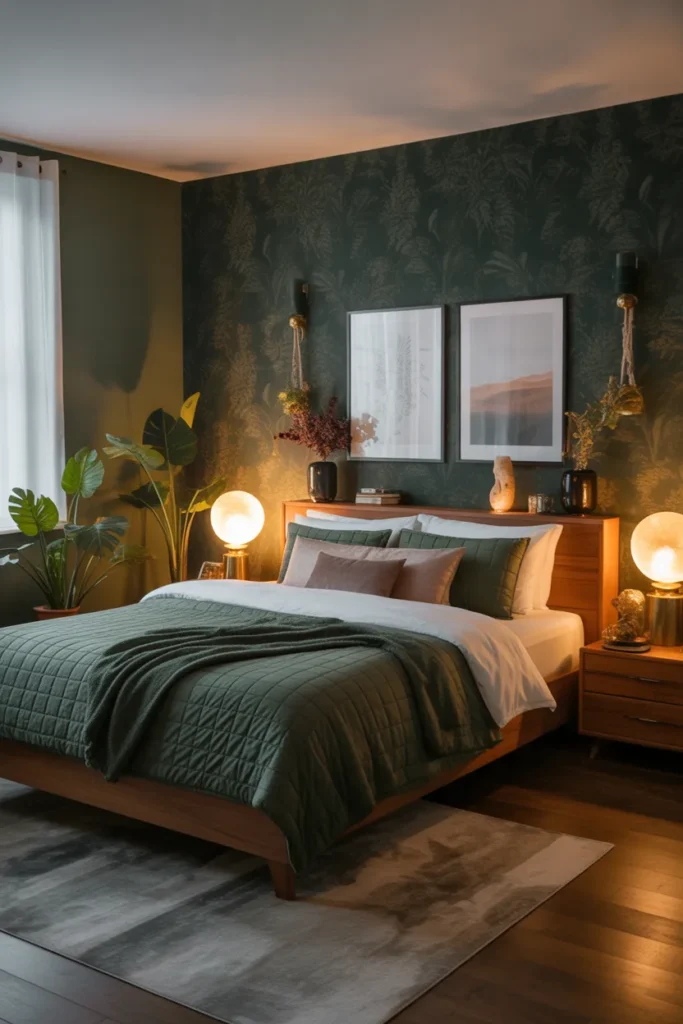 green wallpaper bedroom