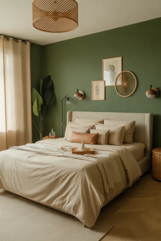 green wallpaper bedroom