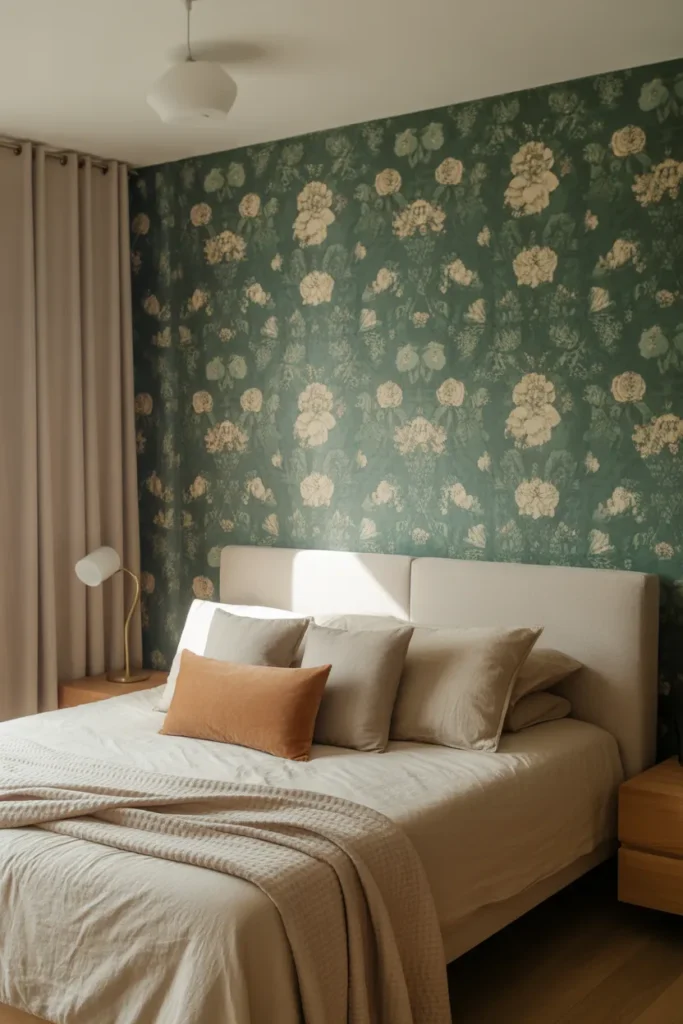 green wallpaper bedroom