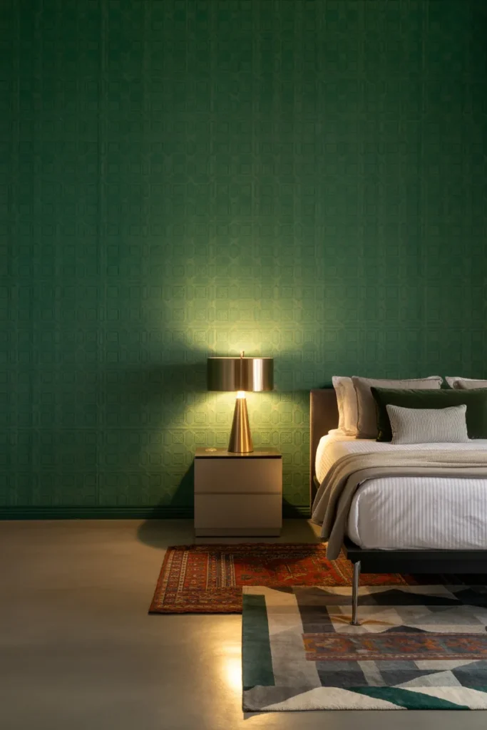 green wallpaper bedroom