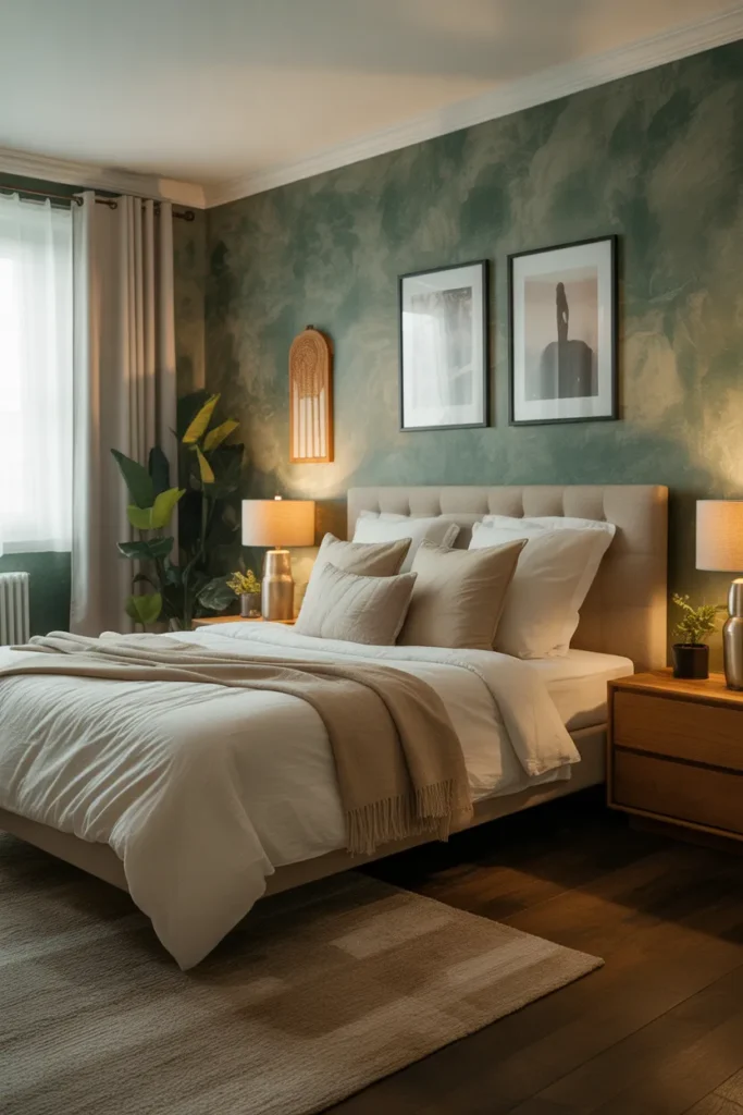 green wallpaper bedroom