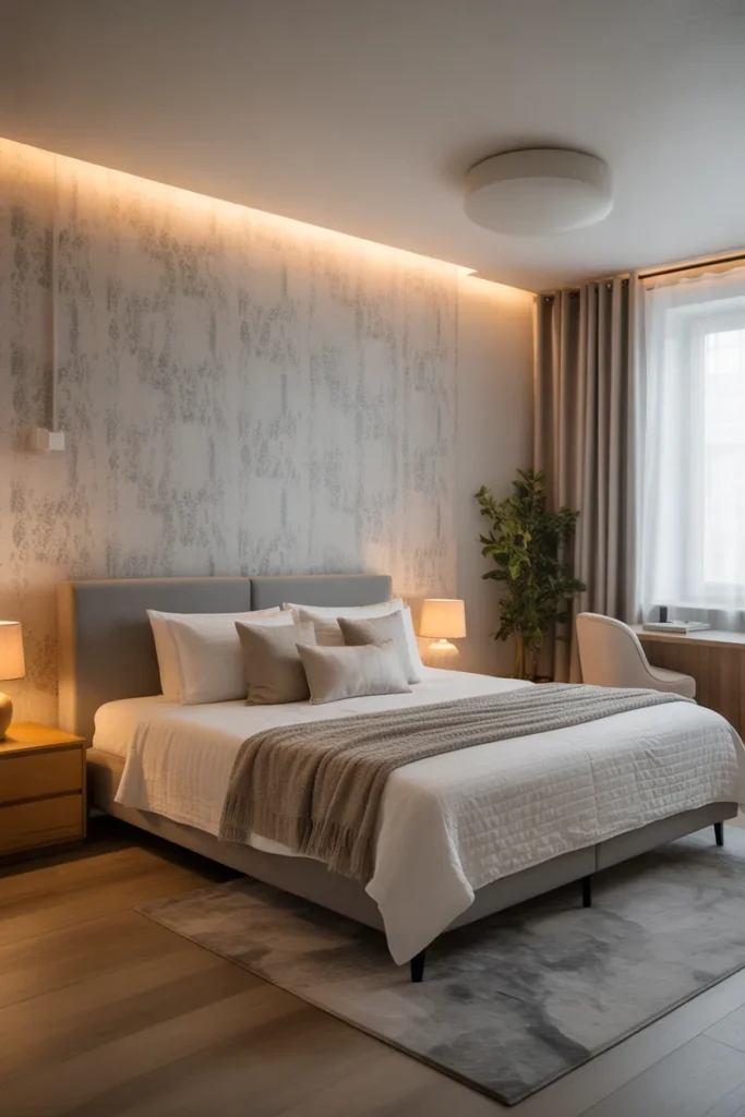 grey wallpaper bedroom