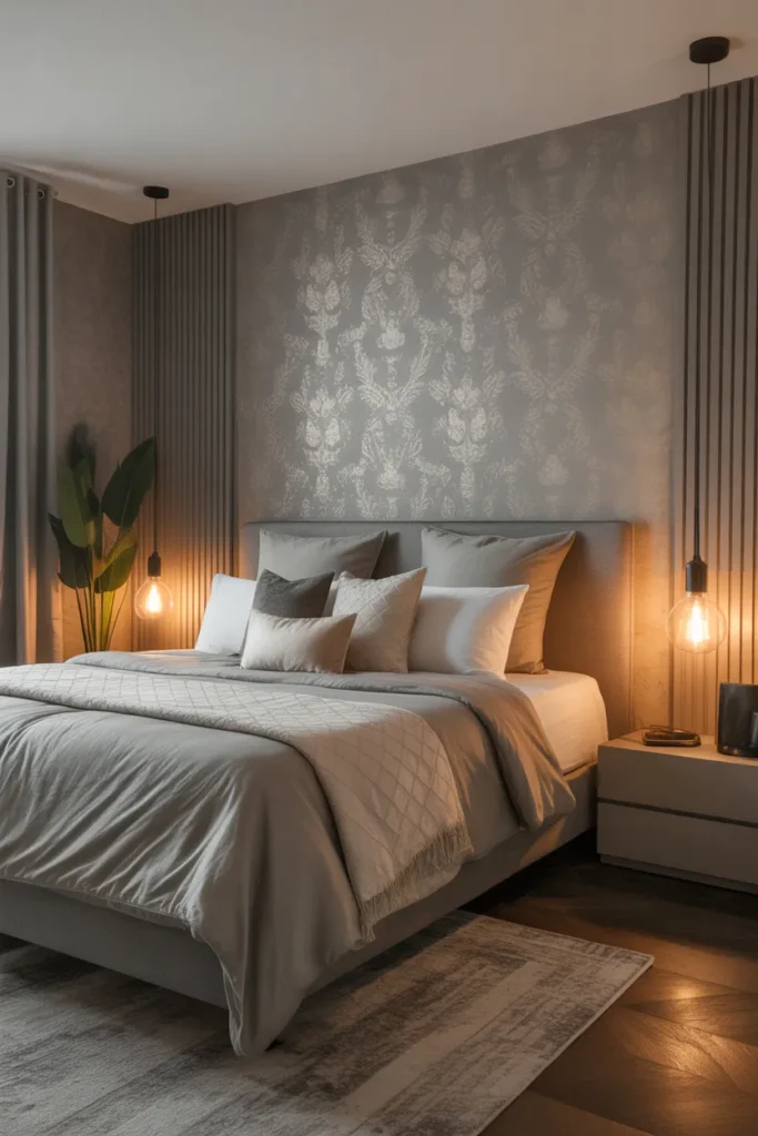 grey wallpaper bedroom