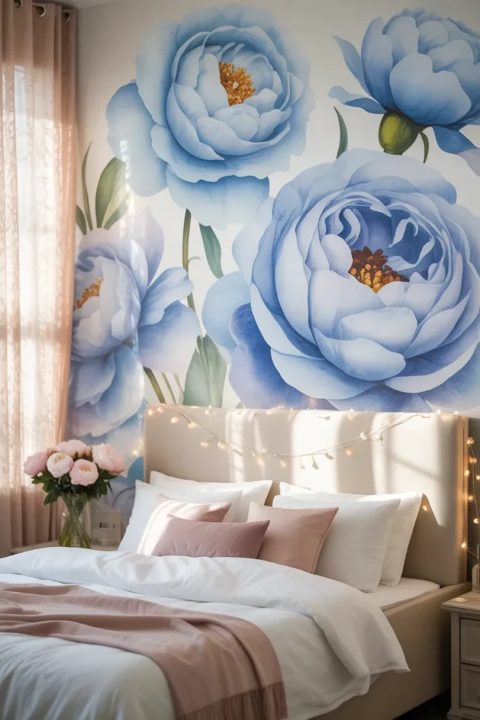blue floral wallpaper bedroom