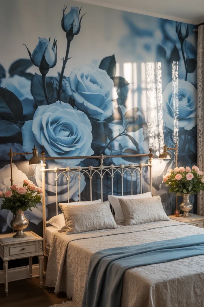 blue floral wallpaper bedroom