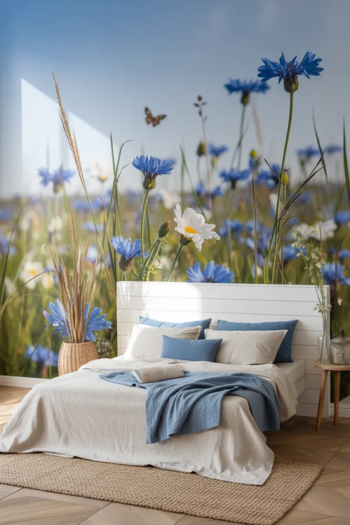 blue floral wallpaper bedroom