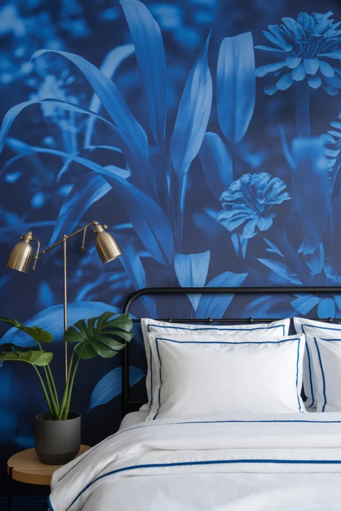 blue floral wallpaper bedroom