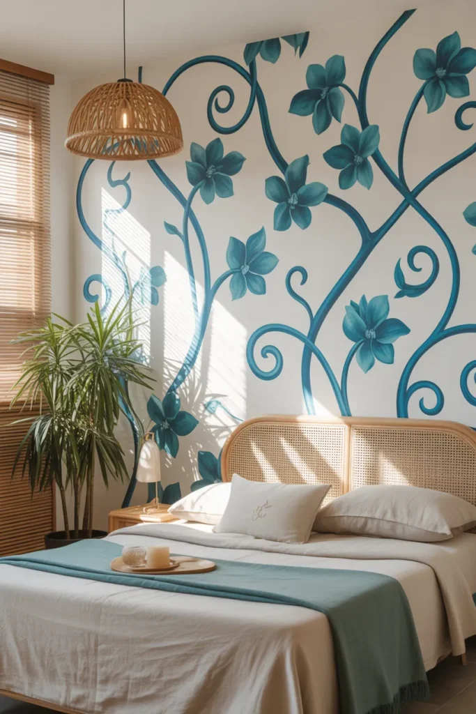 blue floral wallpaper bedroom