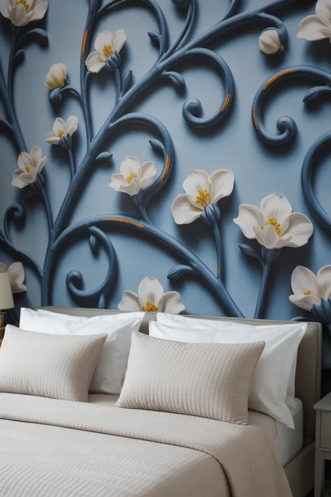 blue floral wallpaper bedroom
