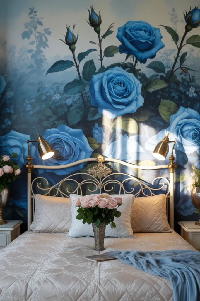 blue floral wallpaper bedroom