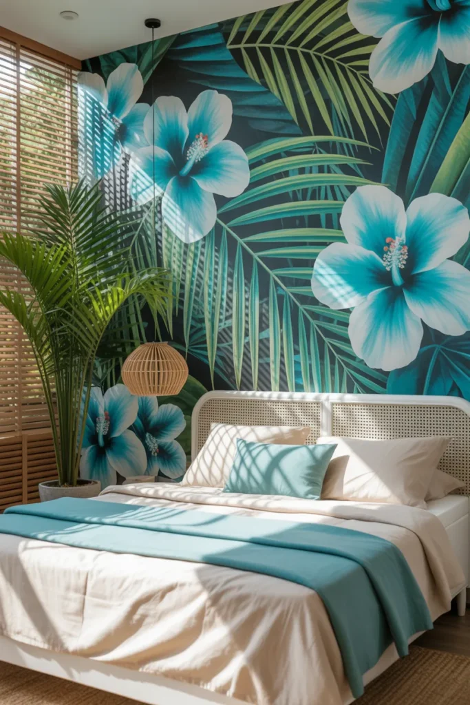 blue floral wallpaper bedroom