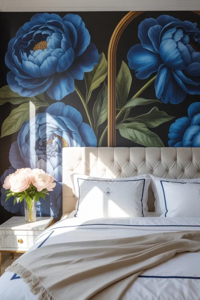 blue floral wallpaper bedroom