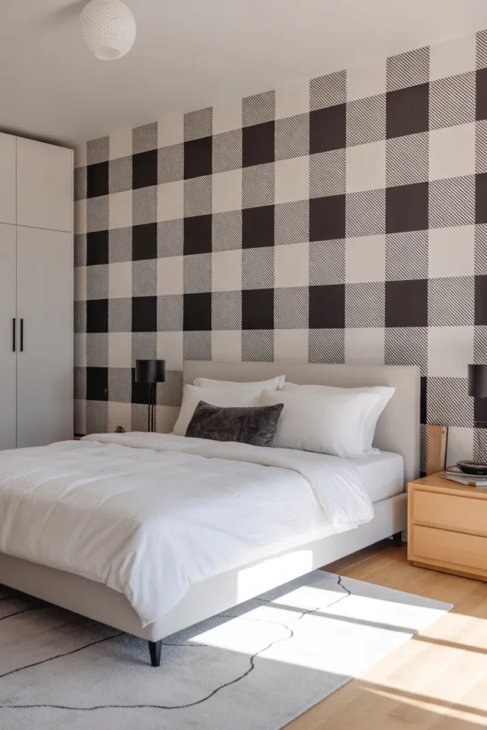 plaid wallpaper bedroom