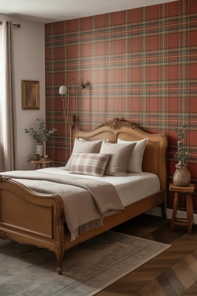 plaid wallpaper bedroom