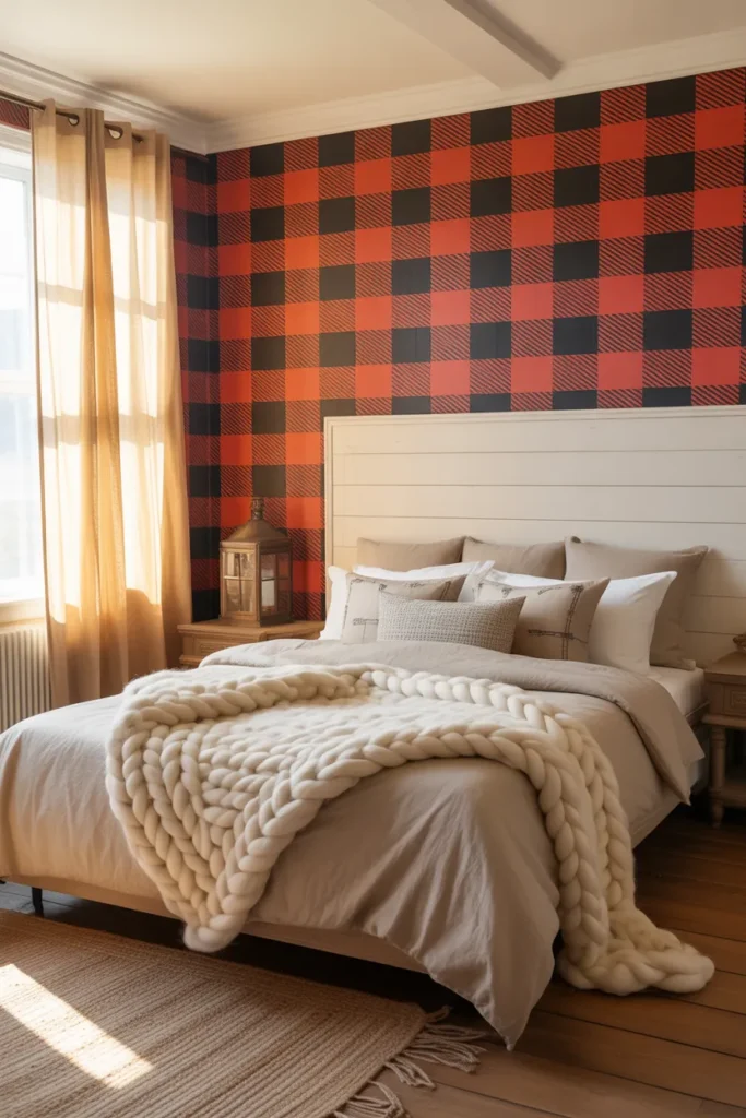 plaid wallpaper bedroom