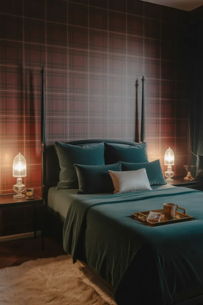 plaid wallpaper bedroom