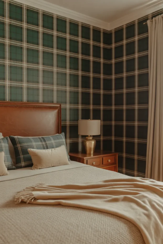 plaid wallpaper bedroom