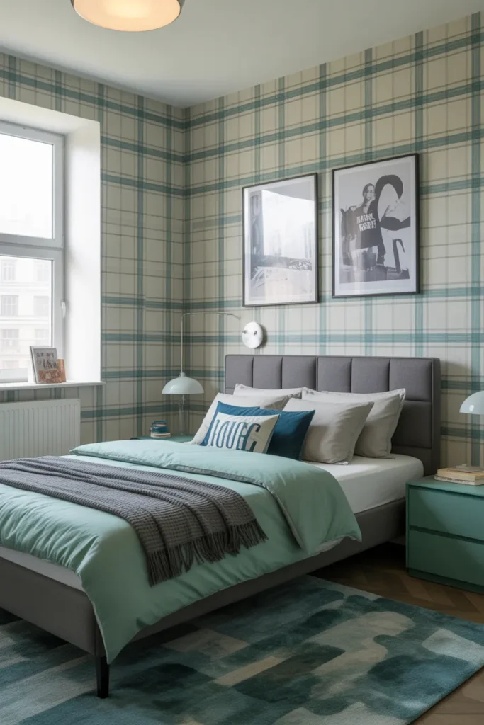 plaid wallpaper bedroom