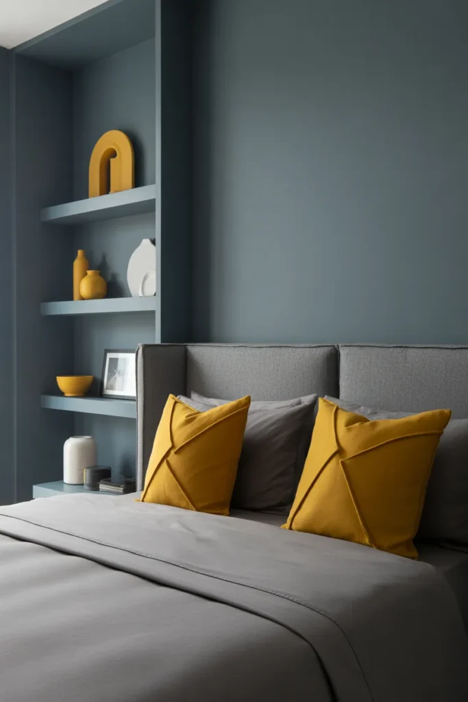 grey bedroom ideas with pop of color
