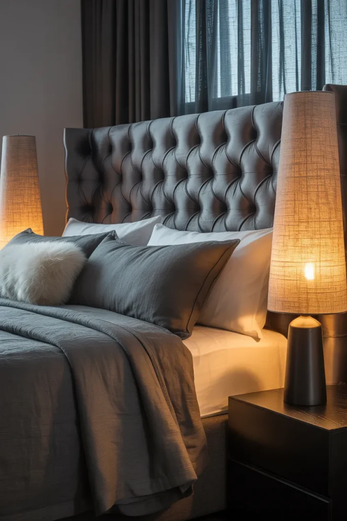 grey upholstered bed bedroom ideas